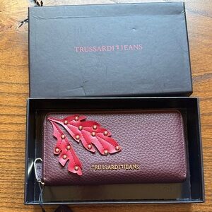 Trussardi Burgundy Wallet with Red Leaf Design